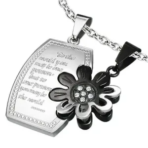 Stalowy podwójny wisiorek, lśniący prostokąt z kwiatkiem, srebrny i czarny kolor