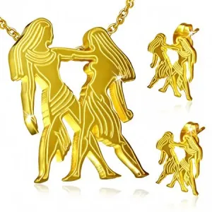 Stalowy zestaw w złotym kolorze, kolczyki i wisiorek, znak Zodiaku Bliźnięta