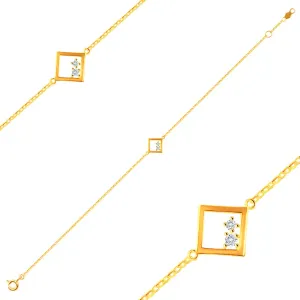 Bransoletka z żółtego 9K złota - płaskie oczka i zawieszka lśniący zarys rombu z dwiema cyrkoniami