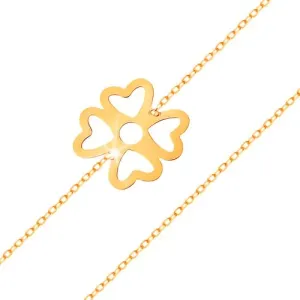 Bransoletka z żółtego złota 585 - symbol szczęścia czterolistna koniczynka z wycięciami, lśniący łańcuszek #554525