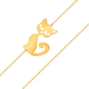 Złota bransoletka 585 - subtelny błyszczący łańcuszek, płaska zawieszka - kotek #479941
