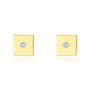 Diamentowe kolczyki z żółtego 14K złota - gładki błyszczący kwadrat, mały brylant