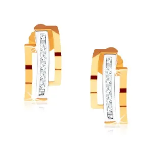 Dwukolorowe kolczyki ze złota 375, półkola, pionowy pas z przezroczystych kamyczków