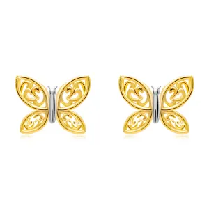 Kolczyki z 14K połączonego złota - dwukolorowy motyl z rzeźbionymi skrzydłami, sztyfty