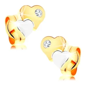 Kolczyki z 14K złota - dwukolorowe lśniące serca z bezbarwnym diamentem