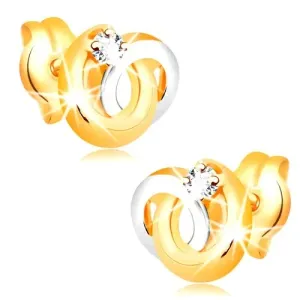 Kolczyki z 14K złota - dwukolorowe połączone pierścienie, lśniący bezbarwny brylant