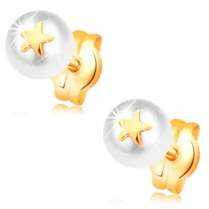 Kolczyki z żółtego 14K złota - biała perła z małą błyszczącą gwiazdą
