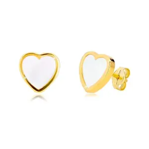 Kolczyki z żółtego 14K złota - kontur symetrycznego serca z naturalną masą perłową