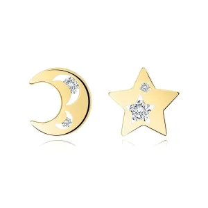 Kolczyki z żółtego 14K złota - księżyc i gwiazda, okrągłe cyrkonie, sztyfty