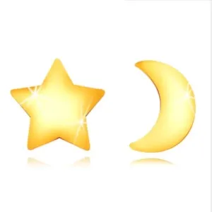 Kolczyki z żółtego 9K złota - błyszczący księżyc i gwiazda, sztyfty