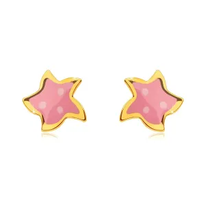 Kolczyki z żółtego złota 585 - gwiazda z pięcioma ramionami, różową emalią i trzema kropkami