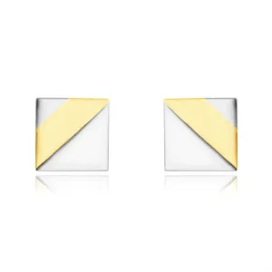 Złote 9K kolczyki - lśniący kwadrat z dwoma trójkątami z białego złota, sztyfty