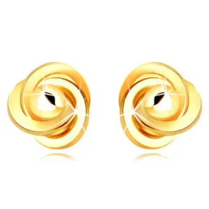 Złote 9K kolczyki - trzy splecione pierścienie z gładką kulką, sztyfty