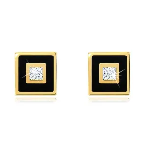 Złote kolczyki 375 - kwadrat zdobiony czarną emalią, przejrzysta cyrkonia