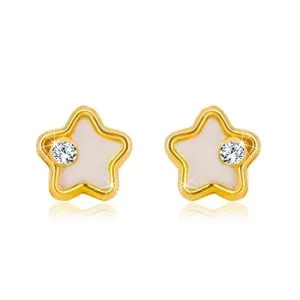 Złote kolczyki 585 - gwiazda z białą naturalną perłą i przezroczystą cyrkonią