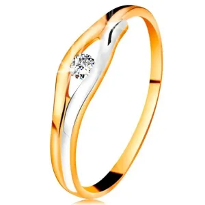 Brylantowy pierścionek z 14K złota - diament w wąskim wycięciu, dwukolorowe linie - Rozmiar : 50