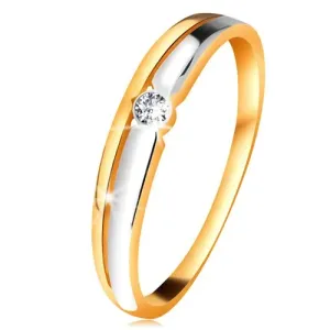 Brylantowy pierścionek z 14K złota - przezroczysty diament w okrągłej oprawie, dwukolorowe linie - Rozmiar : 54