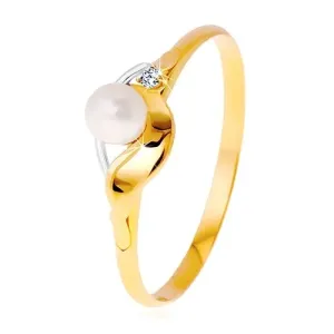 Diamentowy pierścionek z 14K złota, dwukolorowe fale, bezbarwny brylant i biała perła - Rozmiar : 49