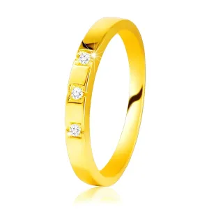 Diamentowy pierścionek z żółtego 585 złota - lśniące ramiona, trzy błyszczące brylanty - Rozmiar : 49