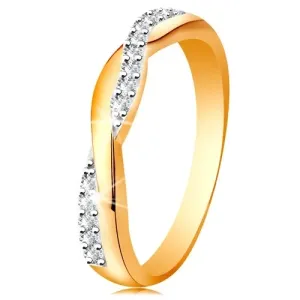 Lśniący pierścionek ze złota 585 - dwie przeplecione fale - gładka i cyrkoniowa - Rozmiar : 58