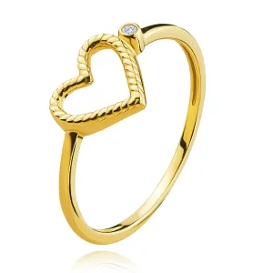 Pierścionek z żółtego złota 585 - karbowane serce, okrągła cyrkonia - Rozmiar : 60