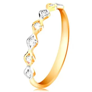 Złoty 14K pierścionek - dwukolorowe ziarnka z wstawionymi cyrkoniami, wysoki połysk - Rozmiar : 60