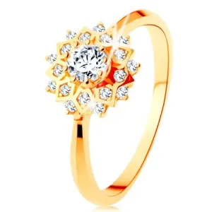 Złoty pierścionek 375 - błyszczące słońce ozdobione okrągłymi przezroczystymi cyrkoniami - Rozmiar : 62