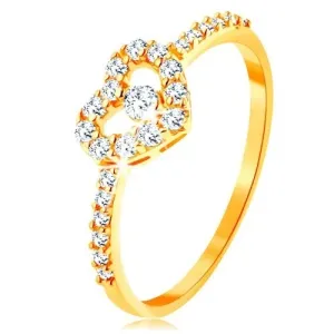 Złoty pierścionek 375 - cyrkoniowe ramiona, błyszczący przezroczysty zarys serca z cyrkonią - Rozmiar : 54