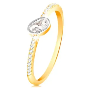Złoty pierścionek 585 - bezbarwna owalna cyrkonia w oprawie z białego złota, cyrkoniowe linie - Rozmiar : 51
