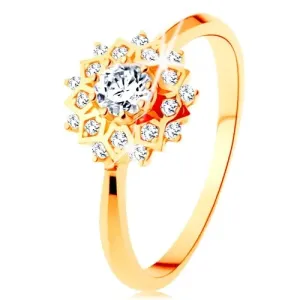 Złoty pierścionek 585 - błyszczące słońce ozdobione okrągłymi przezroczystymi cyrkoniami - Rozmiar : 52