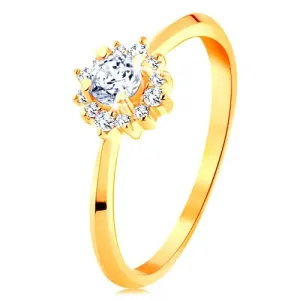 Złoty pierścionek 585 - błyszczący kwiatek z przezroczystych cyrkonii, cienkie lśniące ramiona - Rozmiar : 49