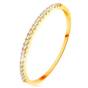 Złoty pierścionek 585 - cienkie lśniące ramiona, błyszcząca cyrkoniowa linia bezbarwnego koloru - Rozmiar : 49