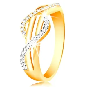Złoty pierścionek 585 - cyrkoniowe fale z żółtego i białego złota, proste gładkie pasy - Rozmiar : 49