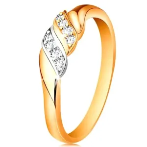 Złoty pierścionek 585 - dwie fale z białego i żółtego złota, błyszczące bezbarwne cyrkonie - Rozmiar : 49