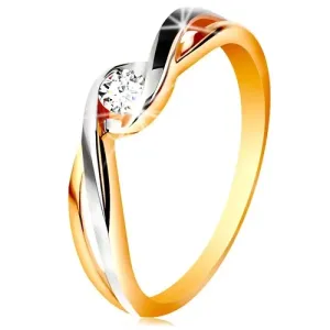 Złoty pierścionek 585 - dwukolorowe, rozdzielone i faliste ramiona, bezbarwna cyrkonia - Rozmiar : 49