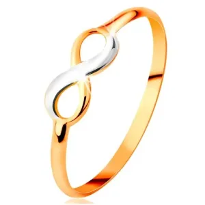 Złoty pierścionek 585 - dwukolorowy lśniący symbol nieskończoności, wąskie gładkie ramiona - Rozmiar : 49