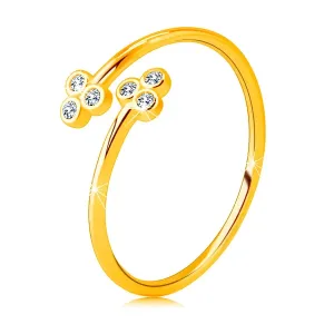 Złoty pierścionek 585 z wąskimi ramionami - dwa trojlistki z przezroczystymi okrągłymi cyrkoniami - Rozmiar : 52
