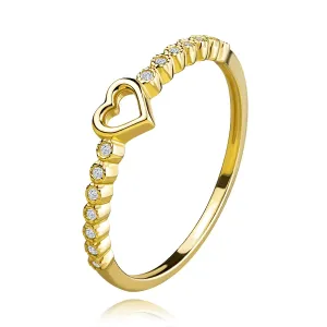 Złoty pierścionek z 14K żółtego złota - zarys serca, kwiaty z przezroczystych cyrkonii - Rozmiar : 49