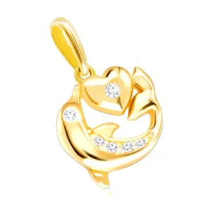 Diamentowy wisiorek z żółtego złota 375 -  skaczący delfin, małe serce, bezbarwne brylanty