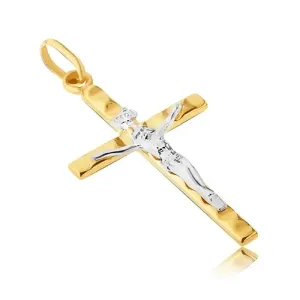 Zawieszka ze złota 585 - Jezus w białym złocie, krzyż z żółtego złota z wypustkami
