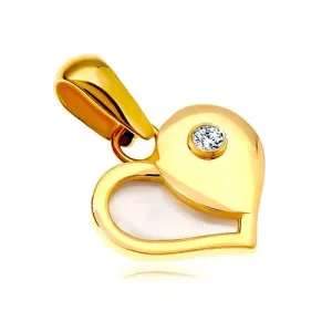 Złota 14K zawieszka - serce z połową z białej perły i okrągłą cyrkonią