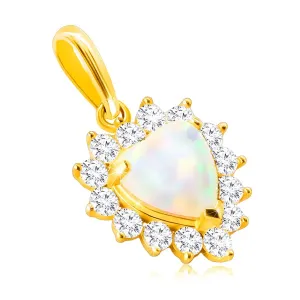 Złota 9K zawieszka - biały syntetyczny opal w kształcie serca, otoczony okrągłymi przezroczystymi cyrkoniami
