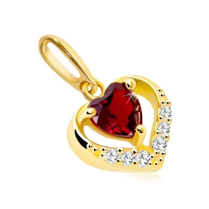 Złoty wisiorek 585 - cyrkoniowy zarys serca, czerwony serduszkowy granat
