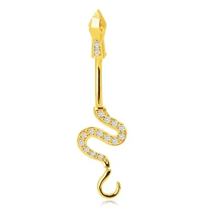 Złoty 14K piercing do brzucha - lśniący falisty wąż, ogon ozdobiony błyszczącymi cyrkoniami