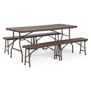 Blumfeldt Burgos, zestaw mebli ogrodowych, stół, 2 ławki, stal, HDPE, składany, kolor brązowy