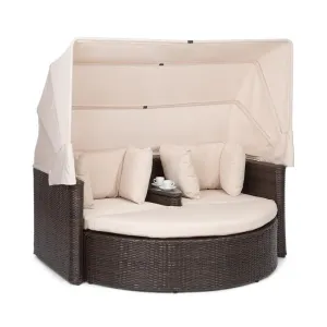 Blumfeldt Heartland, 2-osobowa sofa wypoczynkowa, ze stolikiem, stołkiem, dachem przeciwsłonecznym, szara