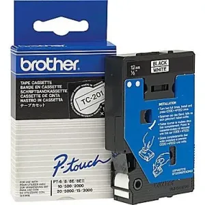Brother TC-201, 12mm x 7,7m, czarny druk / biały podkład, taśma oryginalna