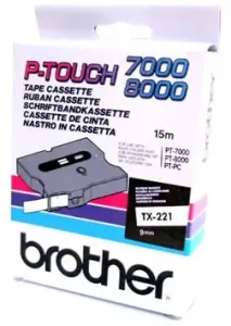 Brother TX-221, 9mm x 8m, czarny druk / biały podkład, taśma oryginalna