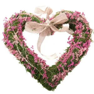 Wiszące serce z mchu z suszonymi kwiatami, różowy, 25 x 3,5 cm