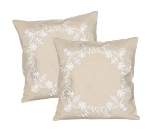Poszewka na poduszkę, Białe kwiaty na beżowym haftowane, biały, 40 x 40 cm